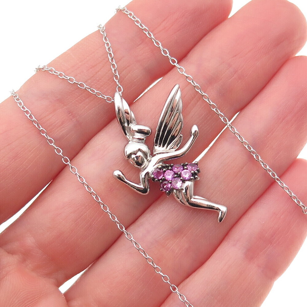Sun 925 Sterling Silver Real Pink Sapphire Tinker Bell Cable Necklace 18"